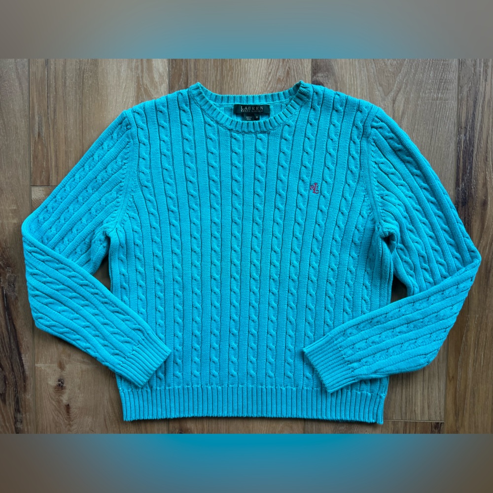 Lauren Ralph Lauren Turquoise Cable Knit Cotton Sweater Size Medium